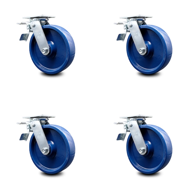 8 Inch Solid Polyurethane Caster Set with Roller Bearing and Total Lock Brake
